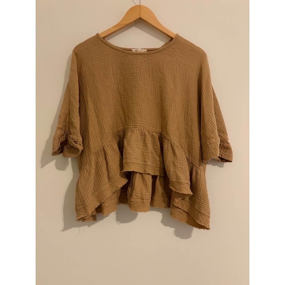 Newbury Kustom Brown Cotton Gauze Peplum Blouse Short Sleeve Boho Top Large